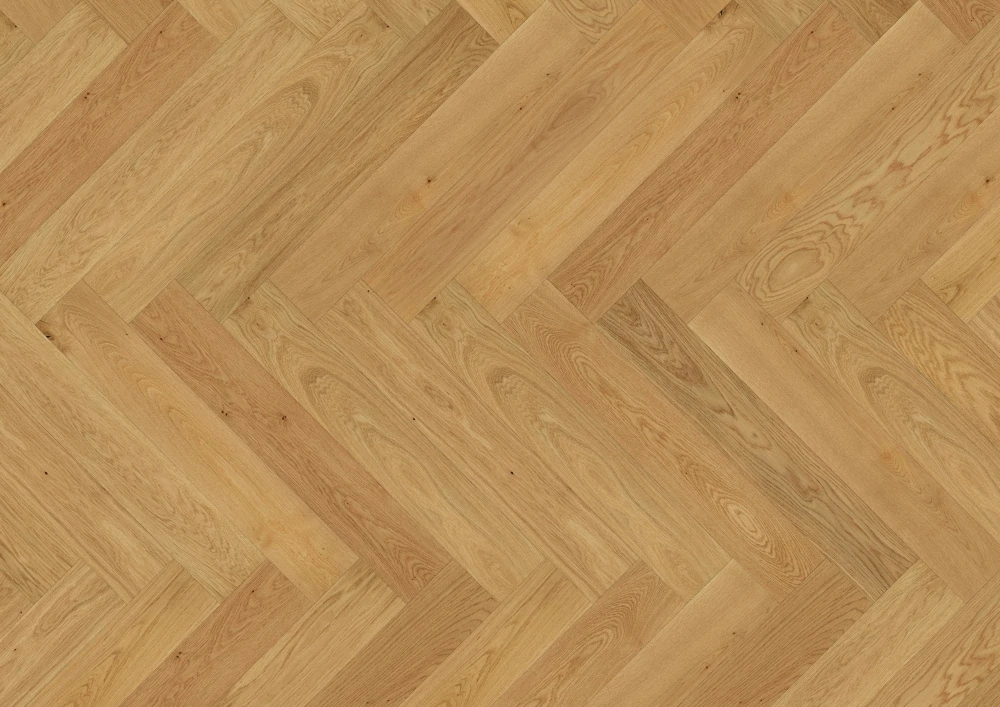 Dub Natur, výběrové třídění bez suků, matný lak, velmi lehký kartáč, podlaha dřevěná třívrstvá FLOOR!T CASTLE HERRINGBONE